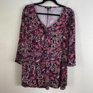 Roz & Ali Womens Plus 2X Paisley Floral Tunic Swing Top V Neck Stretch Shirt